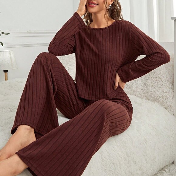 Tops - Coffee Brown Casual-Woman Women's Long Sleeve Ribbed lounge Set